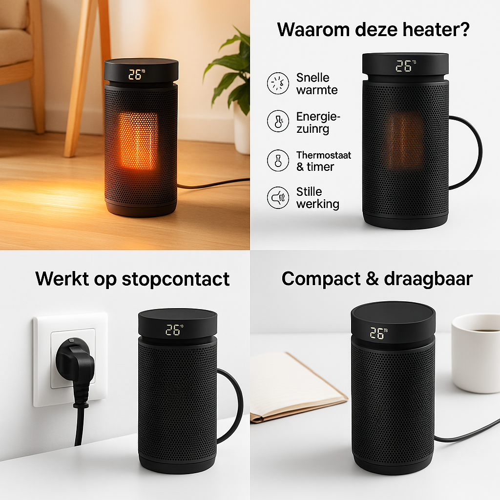 PureAero Smart Heater 2000W – compacte elektrische bijverwarming met thermostaat & afstandsbediening