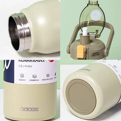 Grote thermosfles van roestvrij staal met rietje en draaghandvat. Geschikt voor dagelijks gebruik bij werk, sport en onderweg. 1.7L