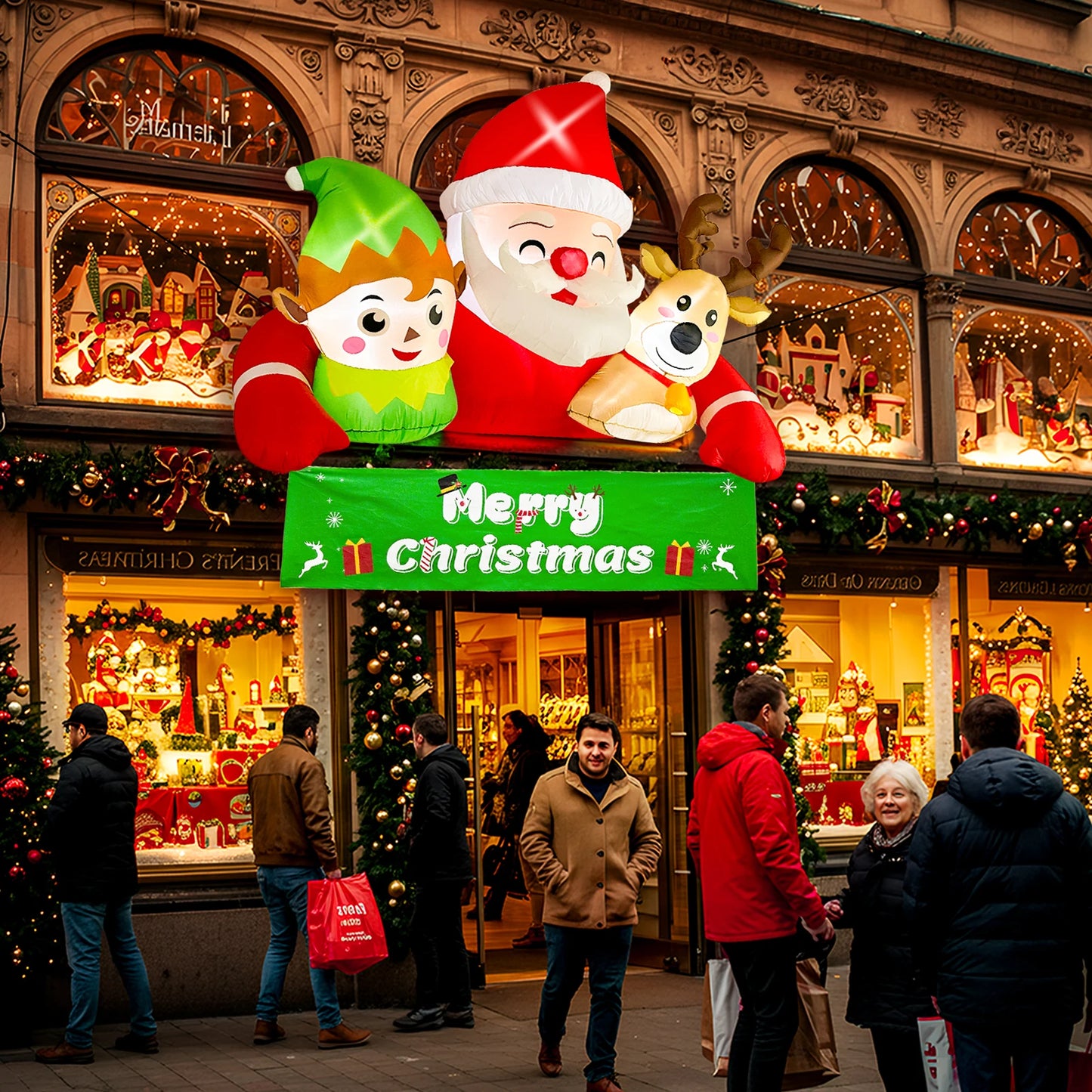 🔥 PureAero™ 2,2 m Kerstman met Rendier & Elf – Warme LED-verlichting, Stevig Ontwerp, Complete Feestdecoratie