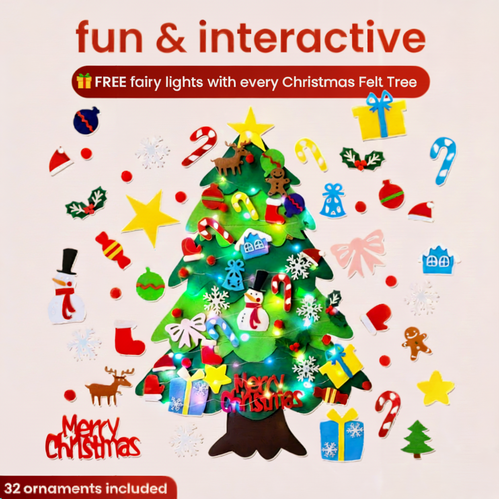 🎄 PureAero™ Felt Kerstboom Met 34 Handgemaakte Ornamenten – Creatief, Kindvriendelijk, Sfeervol